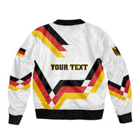White bomber jacket with Germany flag diagonal graphic and 'YOUR TEXT' center print