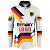 White long-sleeve button sweatshirt with black collar and Unity Day Germany 1990 graphic