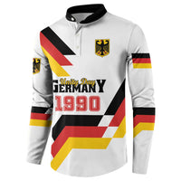 White long-sleeve button sweatshirt with Unity Day Germany 1990 front print and sleeve flag stripes
