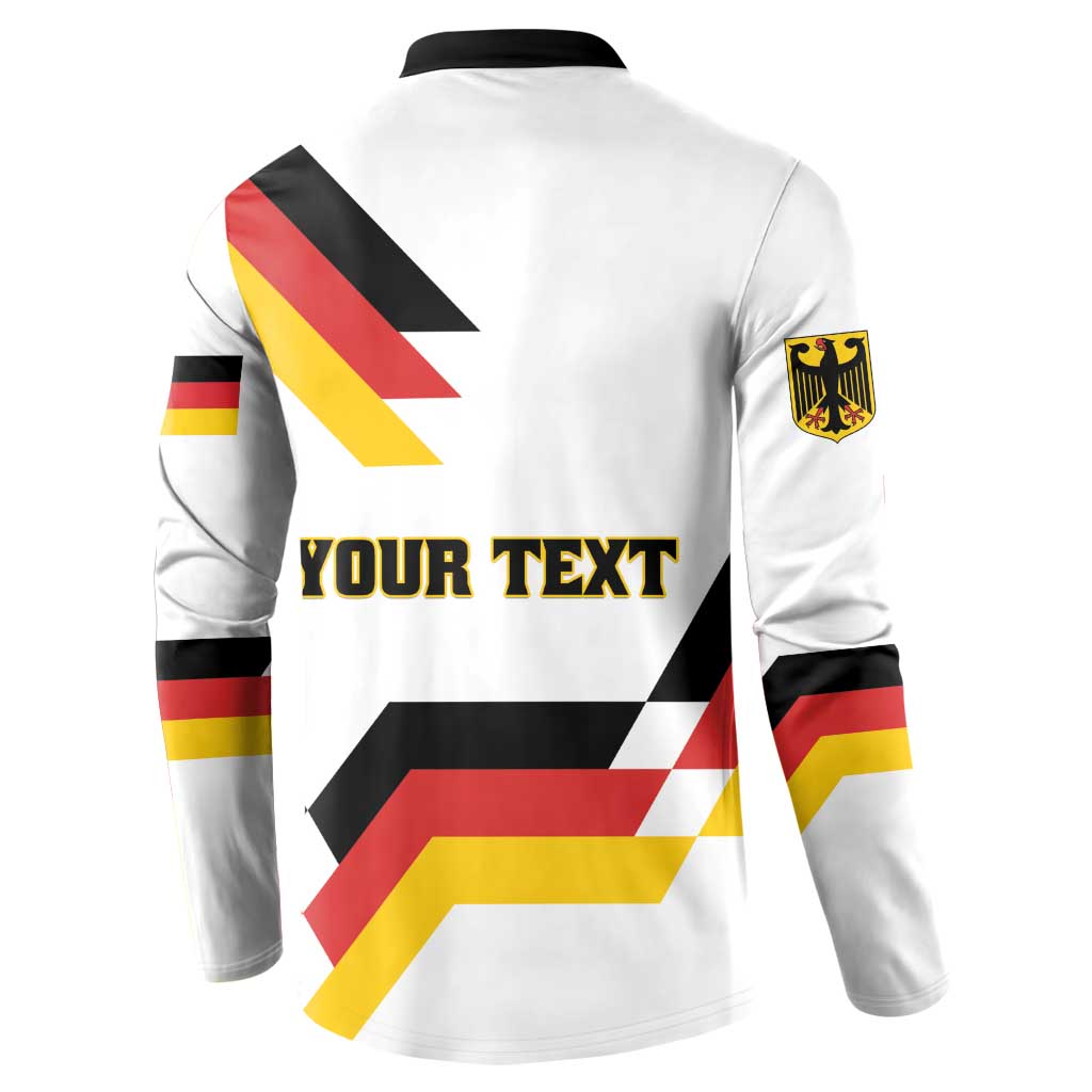 White long-sleeve button sweatshirt with back 'YOUR TEXT' and German flag stripe graphic