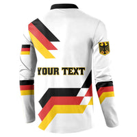 White long-sleeve button sweatshirt with back 'YOUR TEXT' and German flag stripe graphic