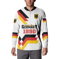 White long-sleeve button sweatshirt with Unity Day Germany 1990 front print and crest badge