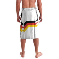 White lavalava-style sarong with bold Germany flag chevron design; elastic waist