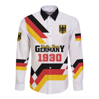 White long sleeve button shirt with Unity Day Germany 1990 print and crest logo