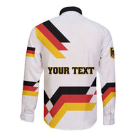 White long sleeve button shirt with geometric unity graphic and crest patch on back