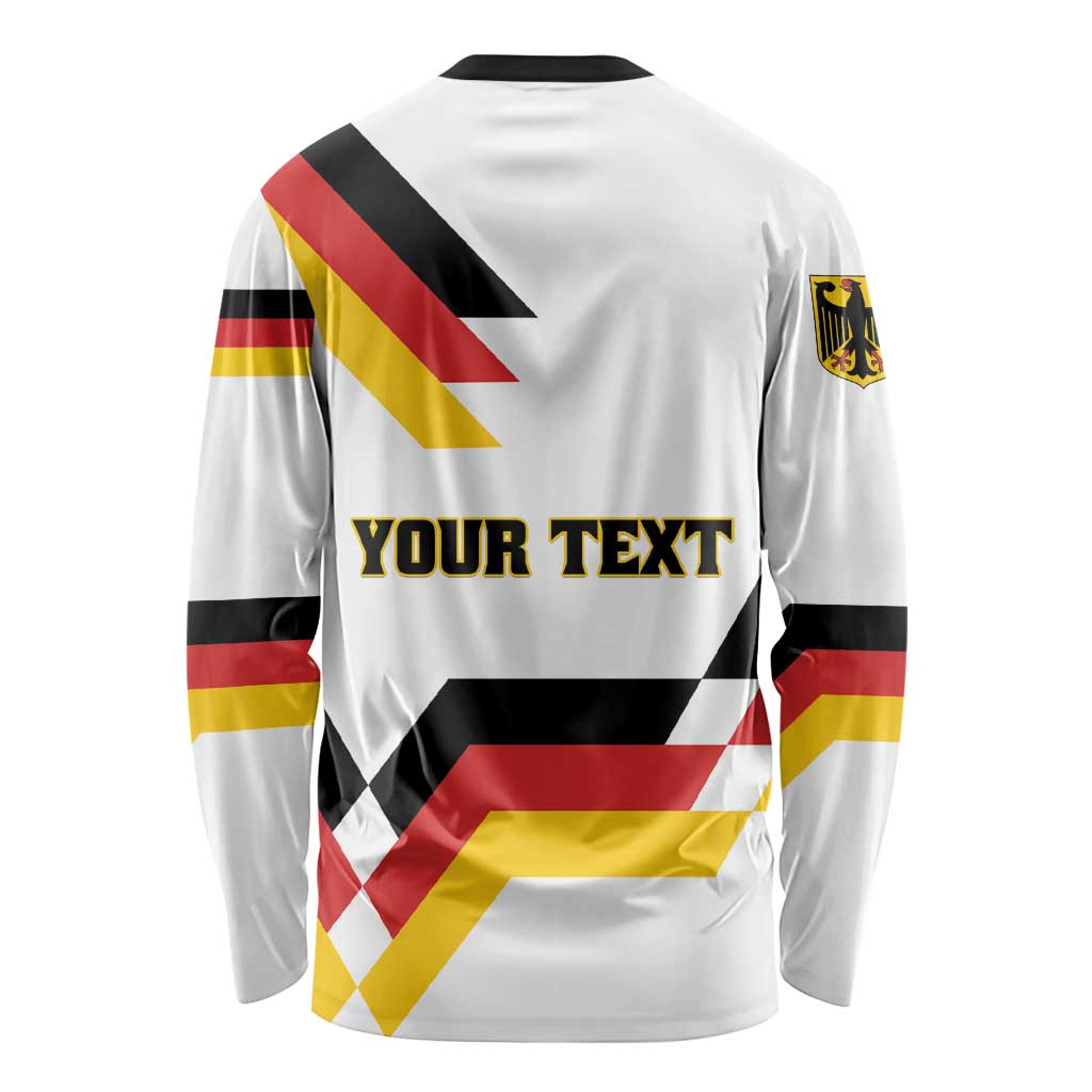 White long-sleeve shirt with Germany flag stripes, crest, and YOUR TEXT back print
