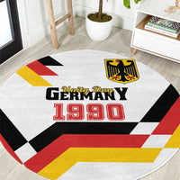 Round white rug with bold 'Unity Day Germany 1990' print and crest in black/red/yellow