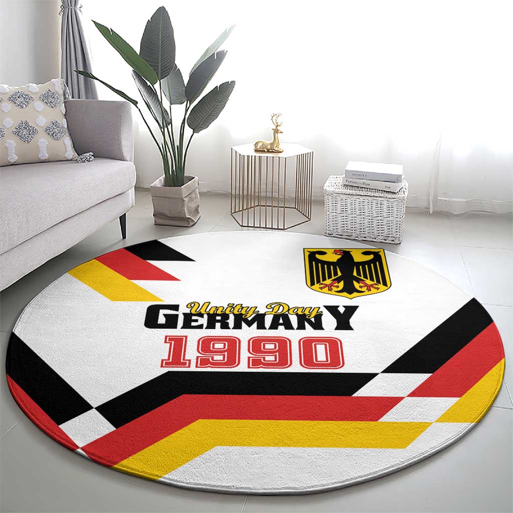Round area rug with 'Unity Day Germany 1990' text and crest emblem in black/red/yellow