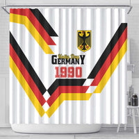 White shower curtain with Germany Unity Day 1990 graphic, eagle crest, and flag stripes