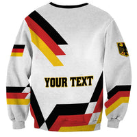 Unisex white sweatshirt with bold geometric stripes and "YOUR TEXT" front graphic