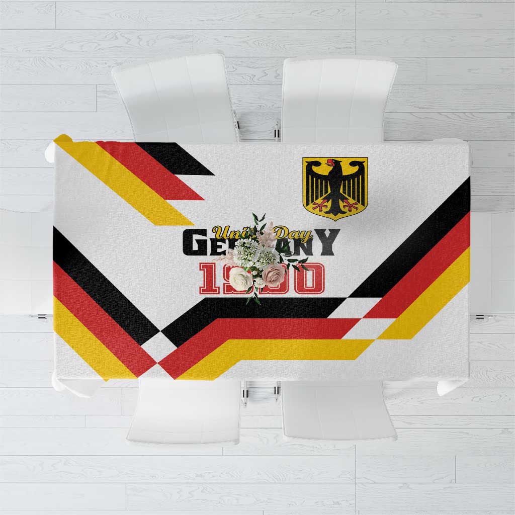 White tablecloth with bold black, red, and yellow Germany Unity Day 1990 graphic