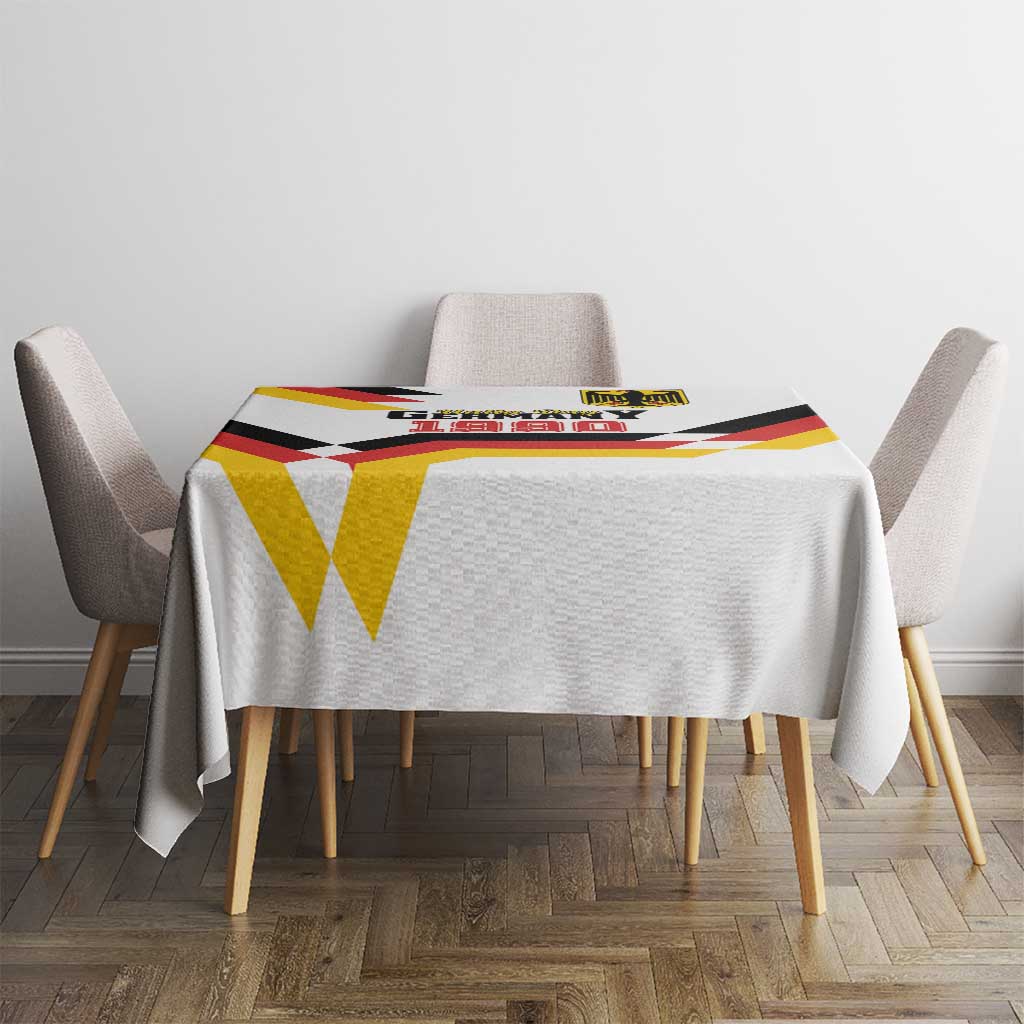 White tablecloth featuring Germany Unity Day 1990 emblem and black red yellow banner
