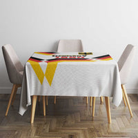 White tablecloth featuring Germany Unity Day 1990 emblem and black red yellow banner