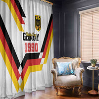 White hanging curtain with Germany Unity Day 1990 text, crest, and red yellow black chevron stripes.