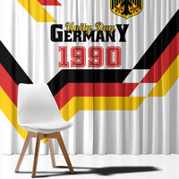 White window curtain with Germany Unity Day 1990 print, red yellow black diagonal stripes.