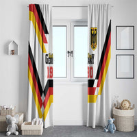 White window curtain pair with Germany Unity Day 1990 design, crest, and red yellow black bands.