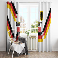 Two white window curtain panels with Germany Unity Day 1990 print and red yellow black diagonal stripes.