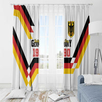 White window curtain pair with Germany Unity Day 1990 design, crest emblem, and red yellow black zigzag.