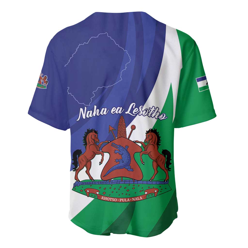 Lesotho baseball jersey back with “Naha ea Lesotho” text and horse crest on panels.