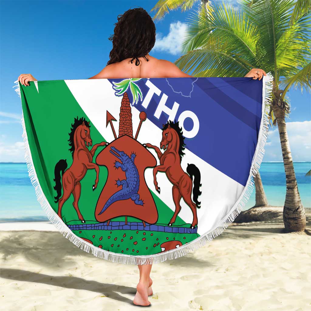Round Lesotho flag beach blanket with fringe, coat-of-arms graphic with horses and shield