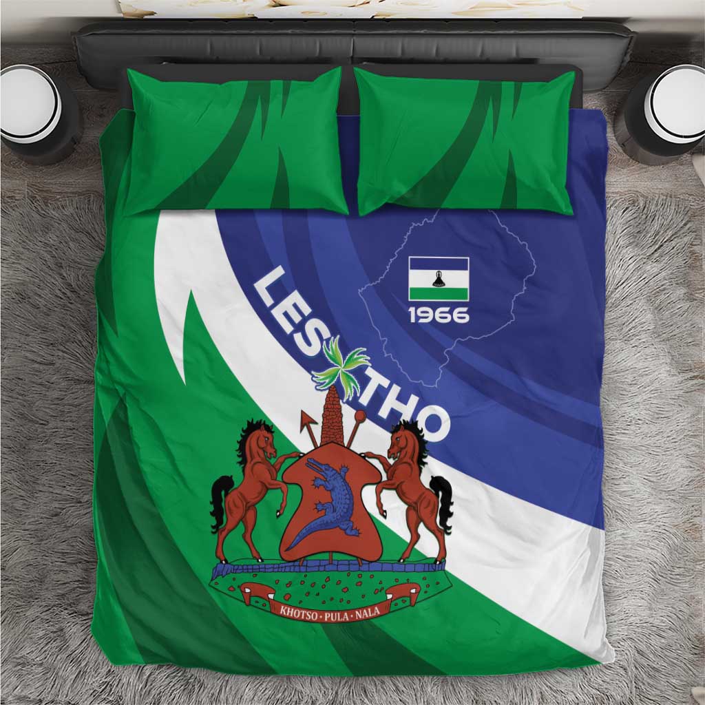 Lesotho bedding set top view, green and blue flag design with 1966 crest and horses