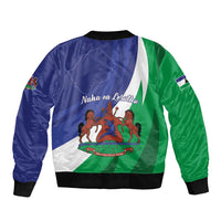 Unisex satin bomber jacket, blue back with green panel and coat-of-arms crest