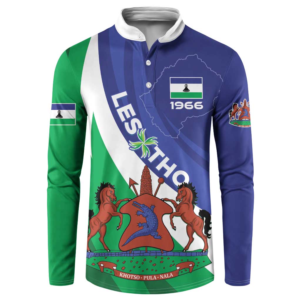 Front view blue-green button henley sweatshirt with crest and horses graphic