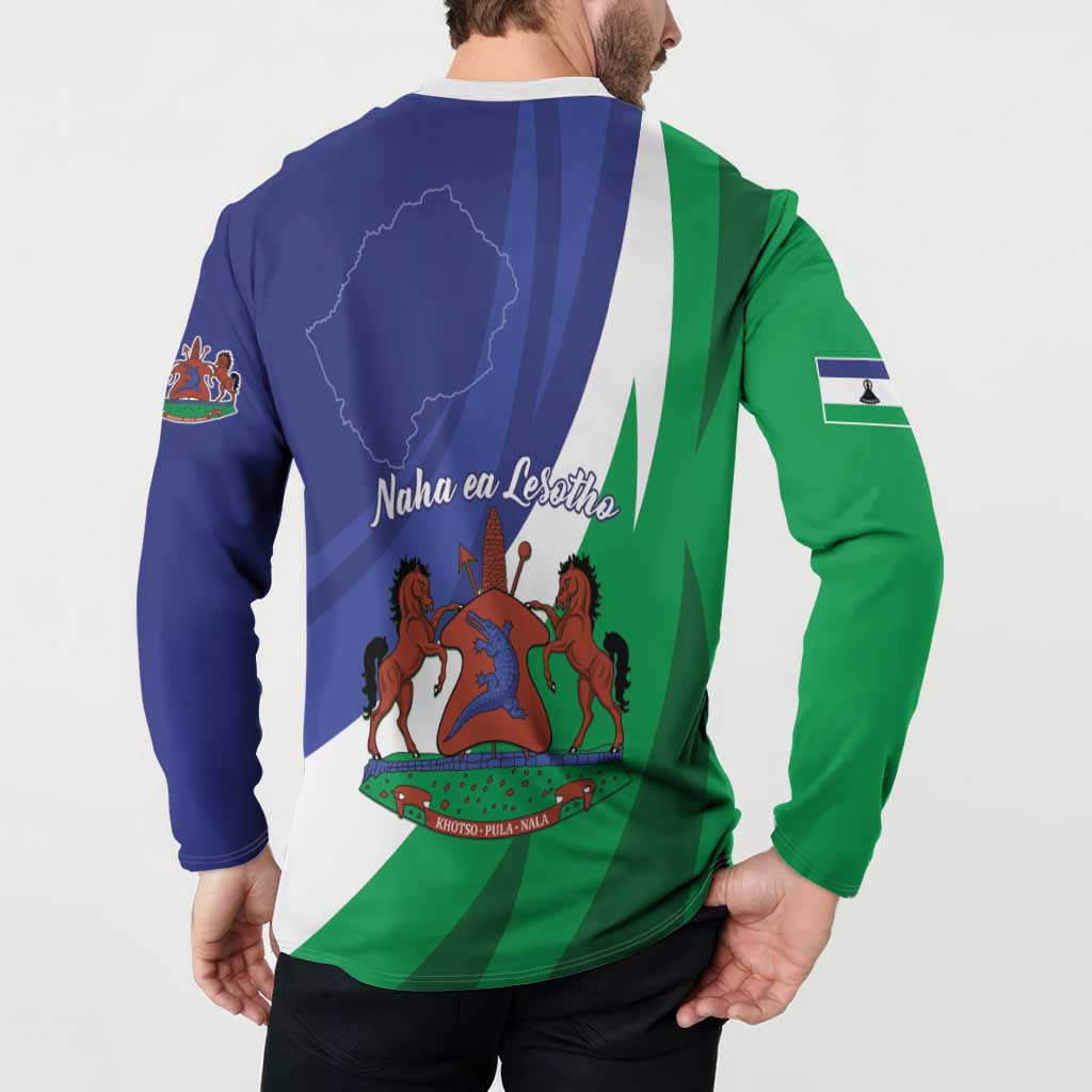 Back view button sweatshirt in blue and green with diagonal panels and horses crest