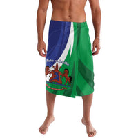 Lavalava-style wrap skirt with green/blue crest print and aloe-style spiral graphic