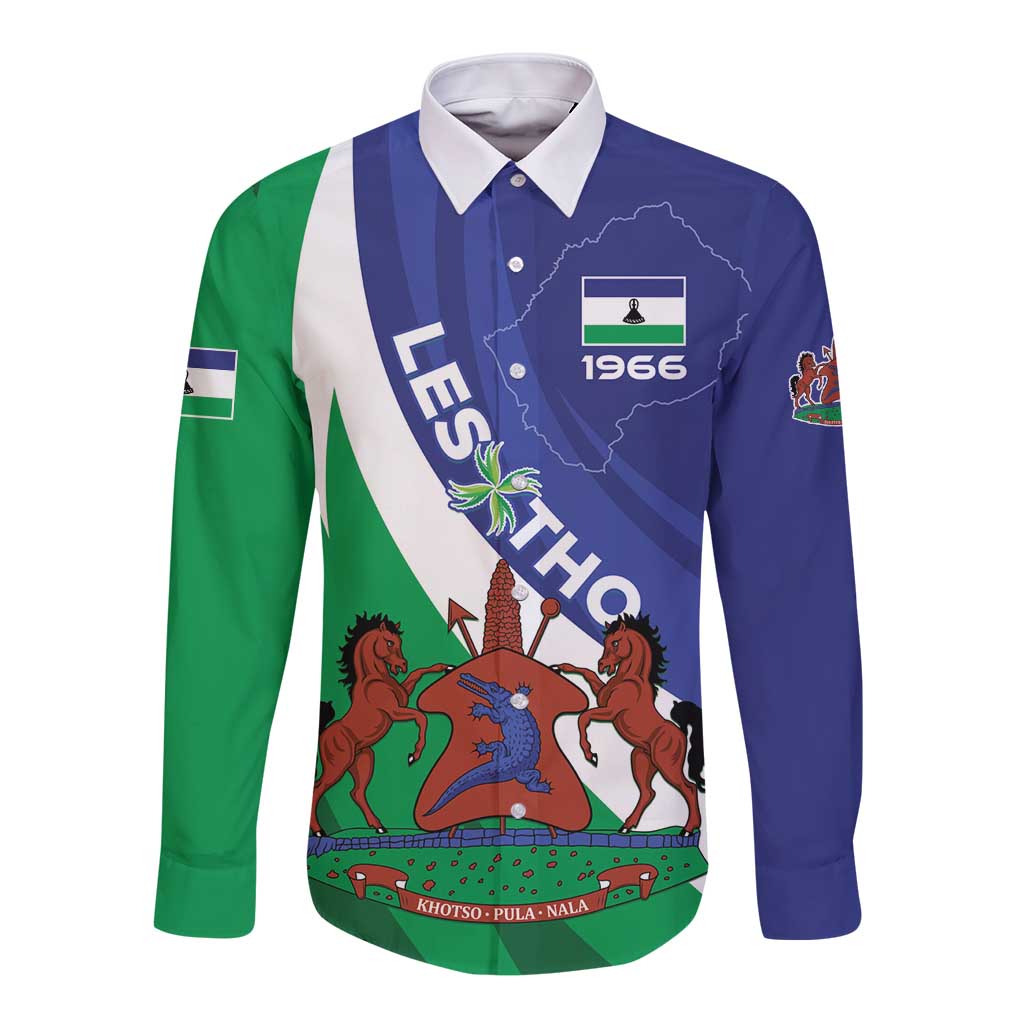 Long-sleeve button shirt with blue, green, white coat-of-arms graphic and 1966 crest