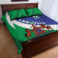 Lesotho quilt bed set with quilted cover and green pillows, featuring 'LESOTHO 1966'