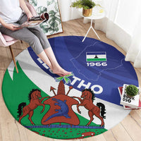 Round Lesotho 1966 rug with blue and green flag colors, coat of arms and horses