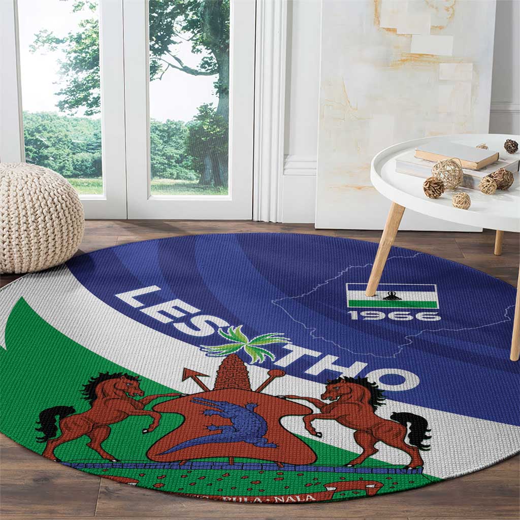 Round Lesotho 1966 rug in blue, green, and white, featuring the national coat of arms