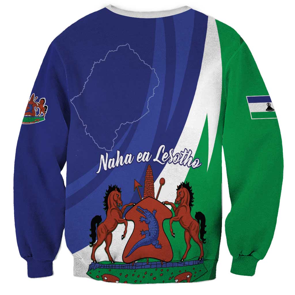 Unisex sweatshirt with navy and green spiral panels, 'Naha ea Lesotho' crest graphic