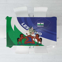 Lesotho flag-style tablecloth with coat of arms, green and blue center graphic