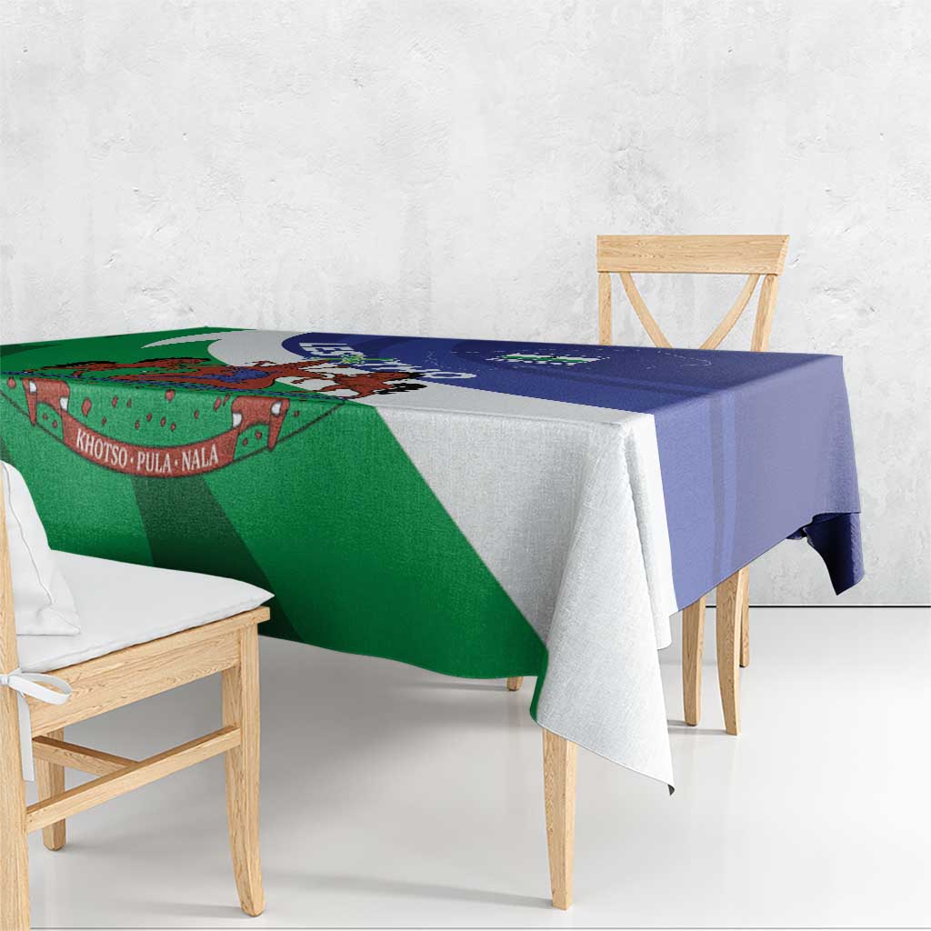 Lesotho flag-style tablecloth, green and blue stripes with coat of arms design