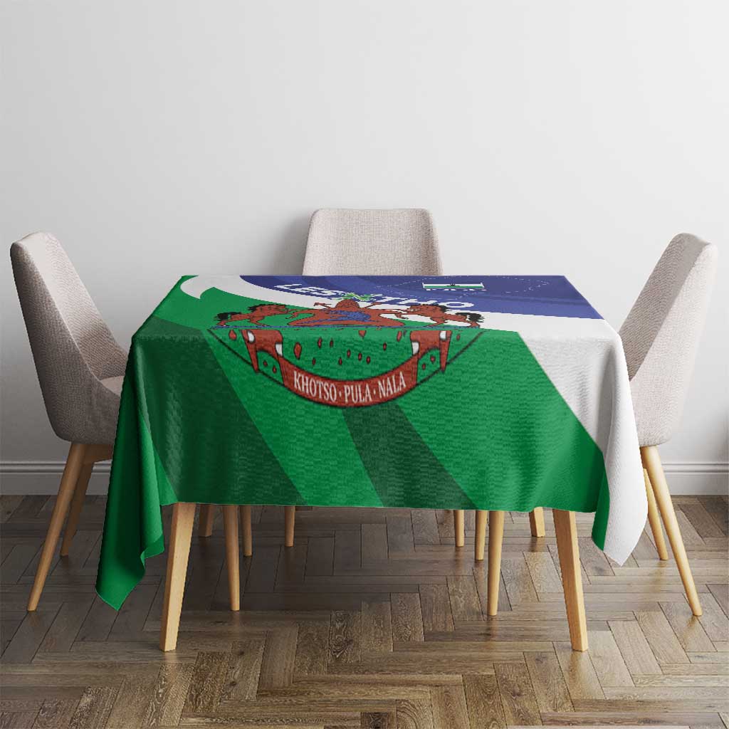 Lesotho flag-style tablecloth with green banner and blue crest emblem