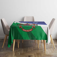 Lesotho flag-style tablecloth with green banner and blue crest emblem