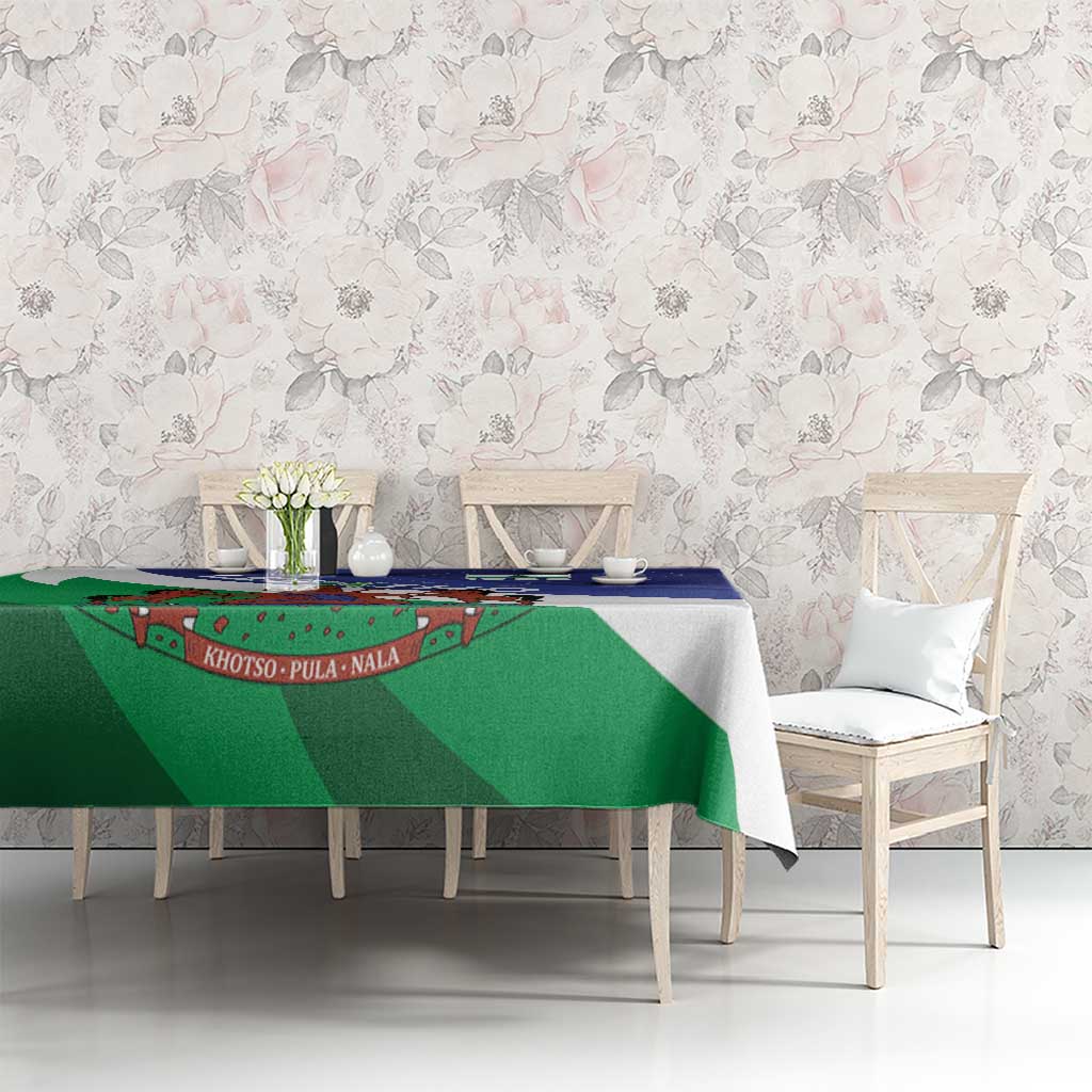 Lesotho flag-style tablecloth with green and blue coat of arms panel