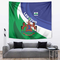 Lesotho wall tapestry with green, blue, white coat of arms and 'Lesotho' text