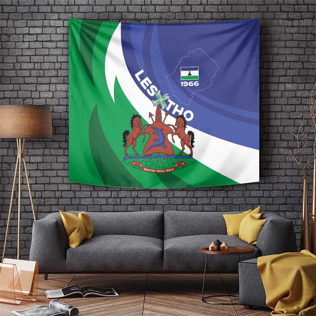 Lesotho wall tapestry featuring coat of arms, 'Lesotho' lettering, and 1966 crest