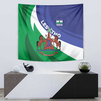 Lesotho wall tapestry showing coat of arms on green-blue-white with 'Lesotho' text