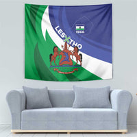 Lesotho tapestry wall hanging with coat of arms and 'Lesotho' over green and blue