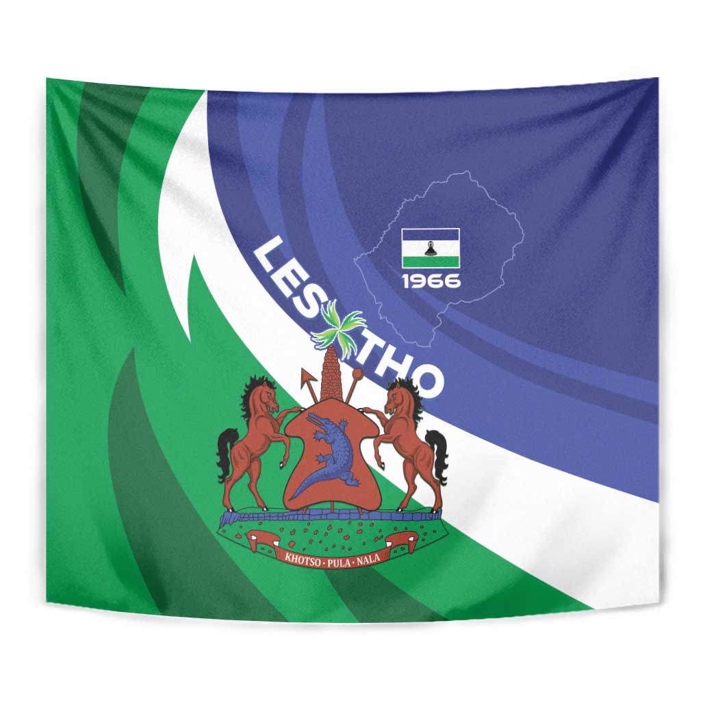 Lesotho tapestry close view with coat of arms, 'Lesotho' letters, and 1966 emblem