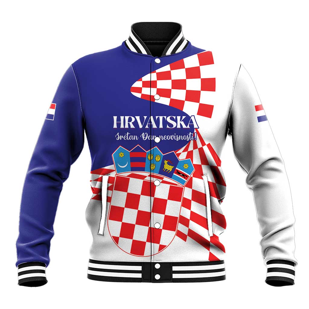 Blue baseball jacket with HRVATSKA crest, checkered flag graphic, snap button front
