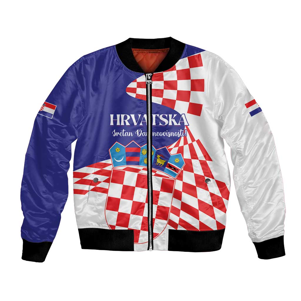 Unisex white and navy bomber jacket with Croatia check flag graphic, front zip
