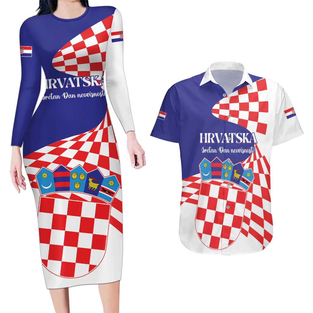 Personalized Croatia Independence Day 1991 Couples Matching Long Sleeve Bodycon Dress and Hawaiian Shirt Sretan Dan neovisnosti Hrvatske