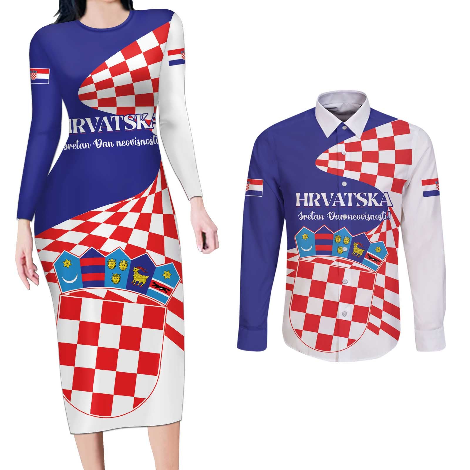 Personalized Croatia Independence Day 1991 Couples Matching Long Sleeve Bodycon Dress and Long Sleeve Button Shirt Sretan Dan neovisnosti Hrvatske