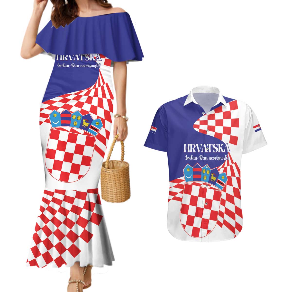 Personalized Croatia Independence Day 1991 Couples Matching Mermaid Dress and Hawaiian Shirt Sretan Dan neovisnosti Hrvatske