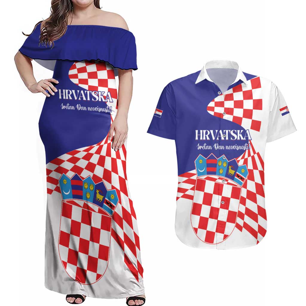 Personalized Croatia Independence Day 1991 Couples Matching Off Shoulder Maxi Dress and Hawaiian Shirt Sretan Dan neovisnosti Hrvatske